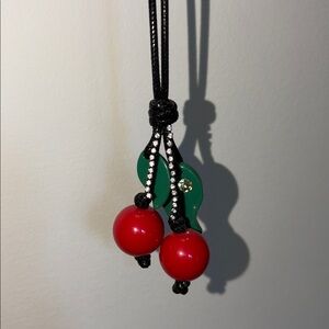 Vintage 90s Long Cherry Necklace on Black Adjustable Fabric Cord 🍒